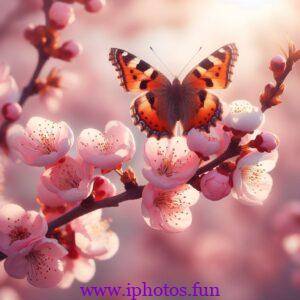 A butterfly landing on a blooming cherry branch