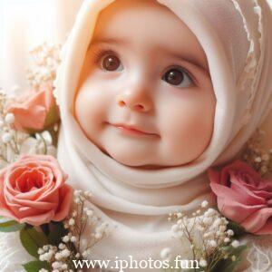 A baby doll in a pink dress and white hat, sitting peacefully on a shelf.