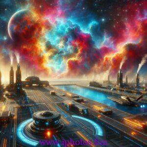 Spaceport docks where starships are fueled by the colorful gases of a nebula