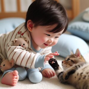 A baby girl giggling while playing with a curious cat inside a cozy basket.