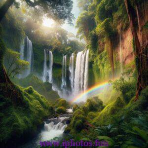 A rainbow over a waterfall surrounded by lush vegetation