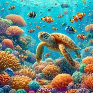 An underwater scene teeming with colorful coral, busy clownfish, and a gentle sea turtle