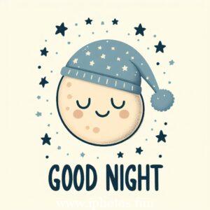 Cartoon moon wearing a hat surrounded by stars on a white background with the words "good night"