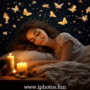 A young girl peacefully sleeping in bed surrounded by flickering candles