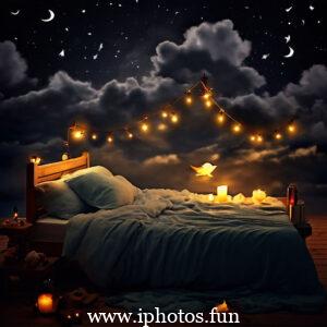 A young girl peacefully sleeping in bed surrounded by flickering candles