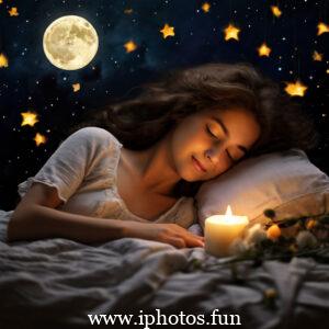 A young girl peacefully sleeping in bed surrounded by flickering candles