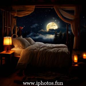 A young girl peacefully sleeping in bed surrounded by flickering candles