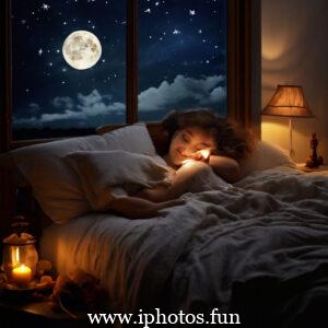 A young girl peacefully sleeping in bed surrounded by flickering candles