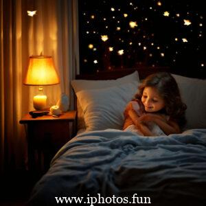 A young girl peacefully sleeping in bed surrounded by flickering candles