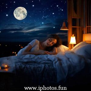 A young girl peacefully sleeping in bed surrounded by flickering candles