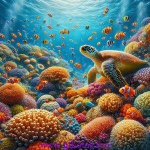 An underwater scene teeming with colorful coral, busy clownfish, and a gentle sea turtle