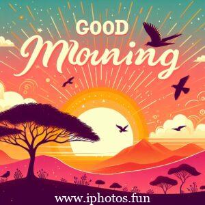 A beautiful vector graphic showing a tranquil morning setting with a sunrise, fluffy clouds, and a colorful landscape