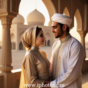 A Muslim couple embracing in front of the Taj Mahal, symbolizing love and cultural heritage