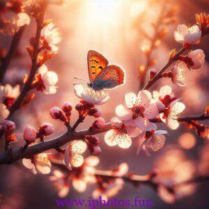 A butterfly landing on a blooming cherry branch