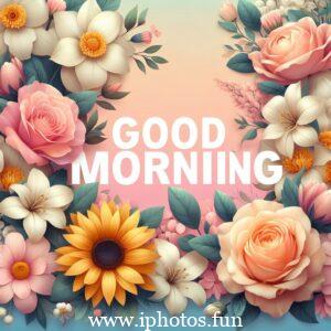 A vector illustration depicting a serene morning scene with a warm sunrise, birds chirping, and flowers blooming. Good Morning Image 4k HD