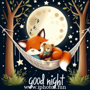 Cute illustration of a fox and teddy bear sleeping in a hammock under the moon and stars