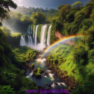 A rainbow over a waterfall surrounded by lush vegetation