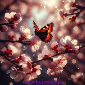 A butterfly landing on a blooming cherry branch