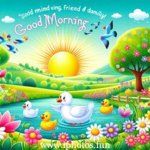 A colorful vector image depicting friends and family happily saying "good morning" to each other.