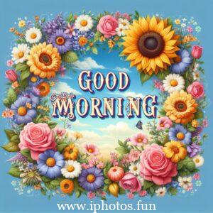 A vector illustration depicting a serene morning scene with a warm sunrise, birds chirping, and flowers blooming. Good Morning Image 4k HD