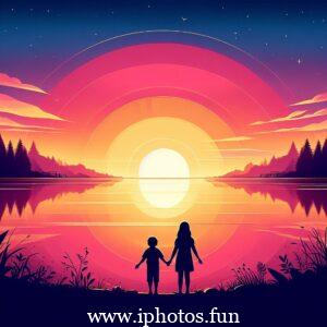 A man and child standing on the beach at sunset, enjoying the beautiful view. Good morning