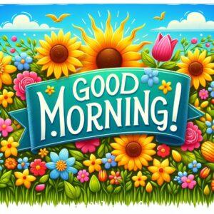 A vector illustration depicting a serene morning scene with a warm sunrise, birds chirping, and flowers blooming. Good Morning Image 4k HD