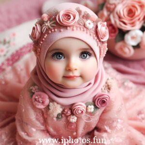 A cute baby doll wearing a hijab and headscarf, symbolizing cultural awareness and respect.