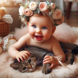 A baby girl giggling while playing with a curious cat inside a cozy basket.