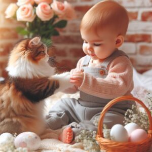 A baby girl giggling while playing with a curious cat inside a cozy basket.