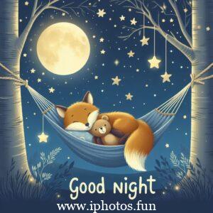 Cute illustration of a fox and teddy bear sleeping in a hammock under the moon and stars