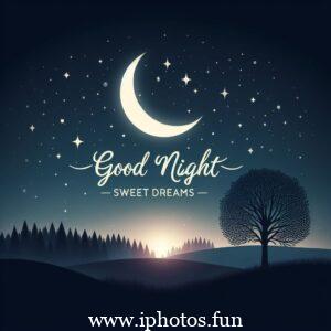 Good night sweet dreams vector illustration: A serene night sky with a crescent moon, stars, and a sleeping moon-shaped character