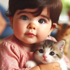 A baby girl giggling while playing with a curious cat inside a cozy basket.