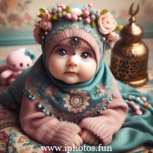 A cute baby doll wearing a hijab and headscarf, symbolizing cultural awareness and respect.