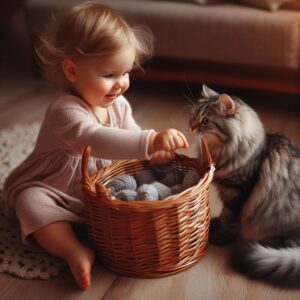 A baby girl giggling while playing with a curious cat inside a cozy basket.