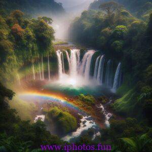 A rainbow over a waterfall surrounded by lush vegetation