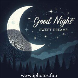 Good night sweet dreams vector illustration: A serene night sky with a crescent moon, stars, and a sleeping moon-shaped character