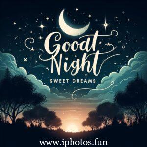 Good night sweet dreams vector illustration: A serene night sky with a crescent moon, stars, and a sleeping moon-shaped character