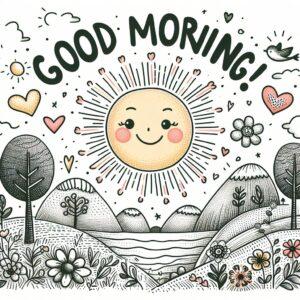 A cheerful good morning card featuring a bright sun and colorful flowers