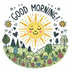 A cheerful good morning card featuring a bright sun and colorful flowers