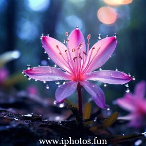 Pink flower covered in water droplets, glistening in the dark