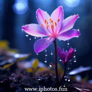 Pink flower covered in water droplets, glistening in the dark