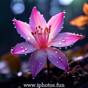 Dark background showcasing a pink flower adorned with water droplets