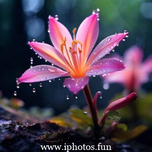 Dark background showcasing a pink flower adorned with water droplets