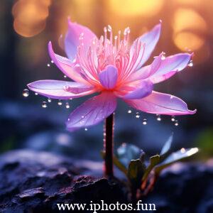 Pink flower covered in water droplets, glistening in the dark