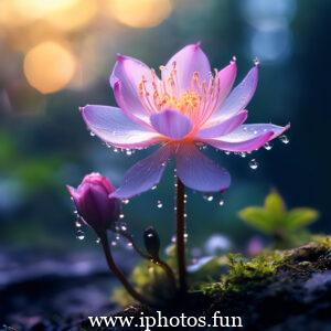 Pink flower covered in water droplets, glistening in the dark