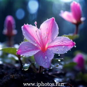 Pink flower covered in water droplets, glistening in the dark