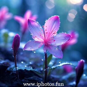 Pink flower covered in water droplets, glistening in the dark