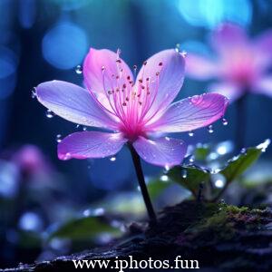 Pink flower covered in water droplets, glistening in the dark