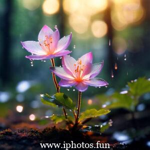 Pink flower covered in dew drops, illuminated by morning light