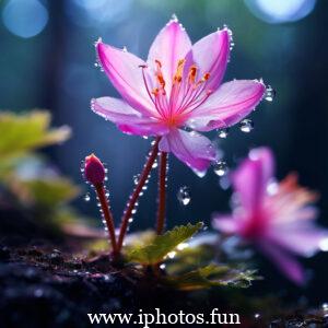 Close-up shot of a pink flower with glistening water droplets